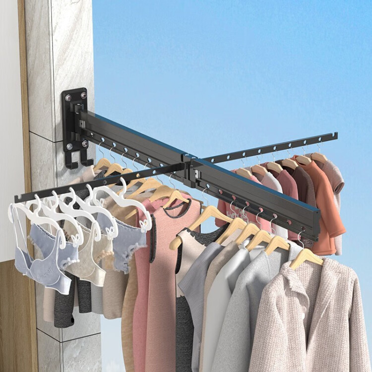 一卫（yweel） 晾衣架折叠阳台伸缩晾晒架推拉旋转太空铝室内窗外隐形晾衣杆 黑色两段升级+隐藏2杆32孔带钩